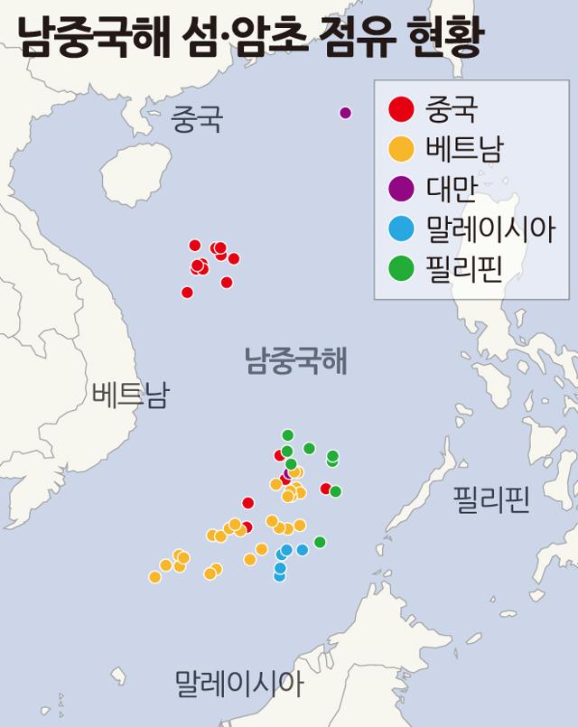 국제적 분쟁 해역인 남중국해의 섬, 암초 점유 상황.
