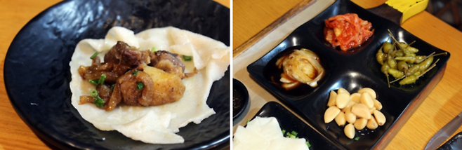 만두피와 허르헉(왼쪽), 허르헉과 함께 나오는 반찬들(오른쪽)