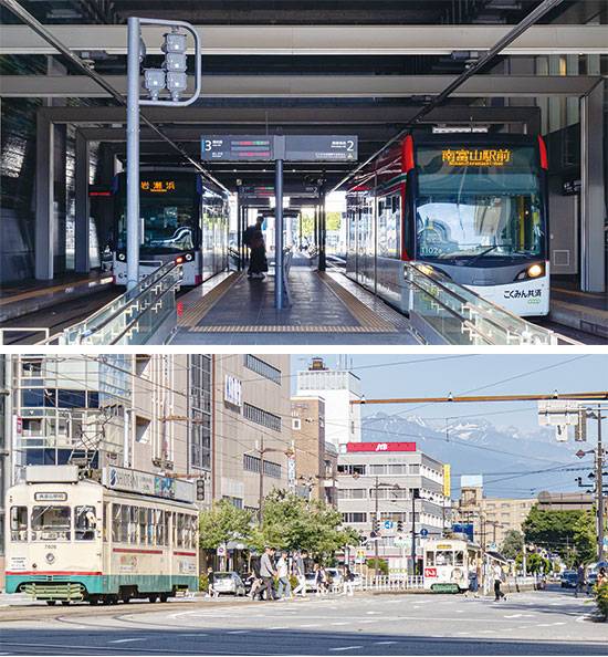 도야마시는 신칸센 도야마역 노선으로 단절돼 있던 남북 지역을 트램으로 연결했다(사진 왼쪽). 트램은 지하철보다 조성 비용이 저렴한 데다 계단을 꺼리는 노인층에 큰 호응을 얻었다. (정다운 기자)