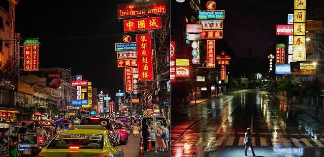 왼쪽은 리사 뮤직비디오 촬영지 방콕 차이나타운의 평소 모습, 오른쪽 사진은 리사의 뮤직비디오 한 장면. /X(옛 트위터)