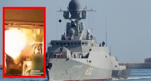 지난 4월 발트해에 정박해있던 러시아 미사일함 세르푸호프함(배경)이 우크라이나의 공격을 받아 손상됐다(왼쪽)