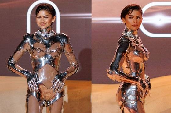 지난 2월 영국 런던에서 열린 영화 '듄:파트2' 월드 프리미어 행사에서 전신 로봇 수트 패션을 선보인 배우 젠데이아. 사진 연합=EPA