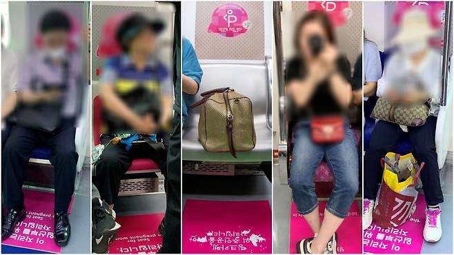 서울지하철 내 '임산부 배려석'에 일반인들이 앉아있는 모습. 2주간 임산부석을 유심히 살펴봤지만, 임산부가 앉아있는 모습은 보기 드물었다. /박성원 기자