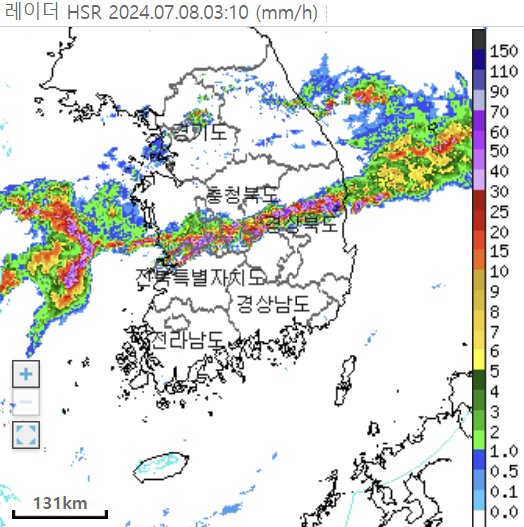 오전 3시 10분 충청권과 경상북도에 얇은 띠처럼 형성된 강수대가 걸치면서 시간당 최대 50㎜넘는 폭우를 쏟아냈다. 기상청 제공