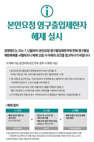 ▲강원랜드 본인요청 영구 출입정지 해제여건 안내. ⓒsns캡처