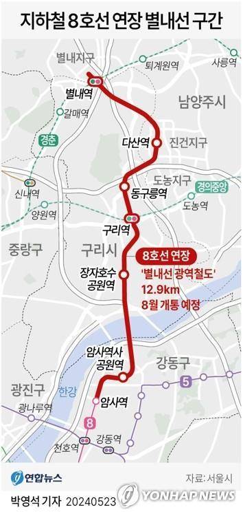 전철 8호선 연장 별내선 노선도 [연합뉴스 자료 그래픽]