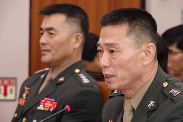 임성근 전 해병대 1사단장이 지난달 21일 국회 법제사법위원회가 연 ‘채 상병 특검법’ 입법 청문회에서 발언하고 있다. 강창광 선임기자