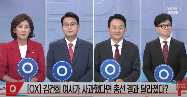 9일 국민의힘 전당대회 1차 TV토론회에 나선 나경원(왼쪽부터) 윤상현 원희룡 한동훈 후보. 영상 캡처