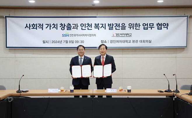 육동인 경인여대 총장(오른쪽)과 박선원 인천광역시 사회복지협의회장./사진제공=경인여대