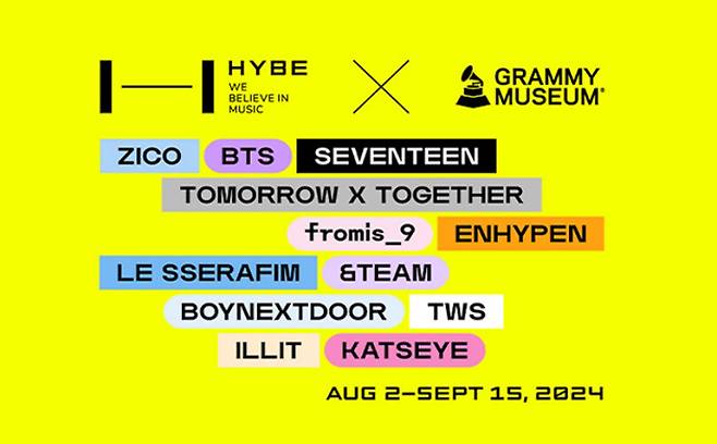 ‘하이브: 위 빌리브 인 뮤직, 그래미 뮤지엄 전시회’ 참여 팀들. 그래미 뮤지엄 누리집 갈무리