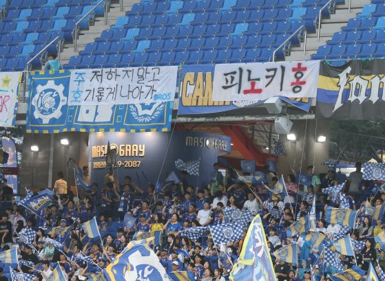 10일 프로축구 하나은행 K리그1 2024 울산 HD와 광주FC의 경기가 열리는 울산 문수축구경기장에 축구 국가대표팀 감독에 내정된 울산 홍명보 감독을 비판하는 '피노키홍' 걸개와 박주호 해설위원을 응원하는 걸개가 각각 붙어 있다. 연합뉴스