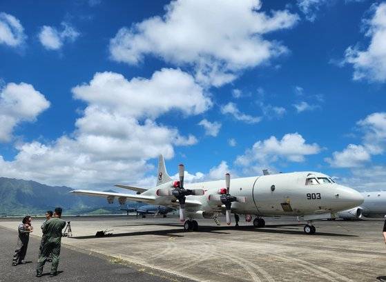 미 카네오헤 해병대기지에서 지난 9일(현지시간) P-3 초계기. 이유정 기자