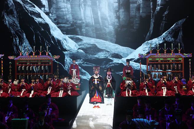 Members of the National Gugak Center perform "Sajik Jeryeak" during a press rehearsal on Wednesday. (Yonhap)