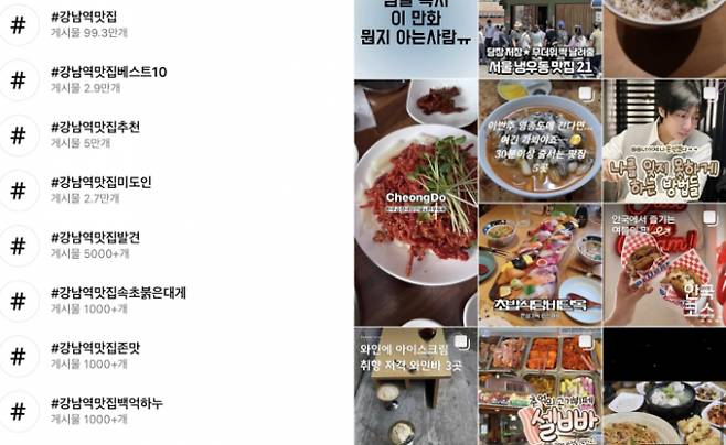 인스타그램에 '맛집' 키워드를 검색하면 3천만개가 넘는 게시글이 뜬다. 오른쪽 사진은 맛집을 추천하는 피드로 가득한 화면 모습 ./사진=김지은기자