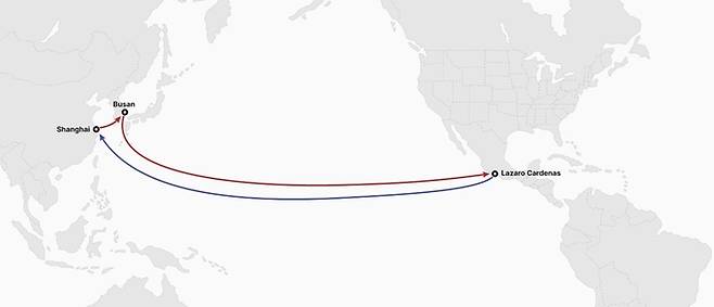 극동아시아와 멕시코를 연결하는 FLX(Far East Latin America Express) 서비스. HMM 제공