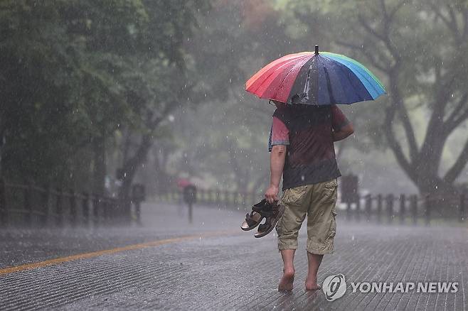 맨발로 (서울=연합뉴스) 신현우 기자 = 전국 곳곳에 비가 내린 16일 오후 서울 남산을 찾은 시민이 신발을 손에 들고 하산하고 있다. 2024.7.16 nowwego@yna.co.kr