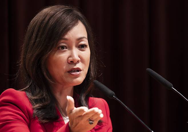 Sue Mi Terry, a former CIA official and expert on Korean Peninsula issues, delivers remarks at a screening of a documentary film about North Korean defectors, held at the Ministry of Foreign Affairs in Seoul last November. (Yonhap)