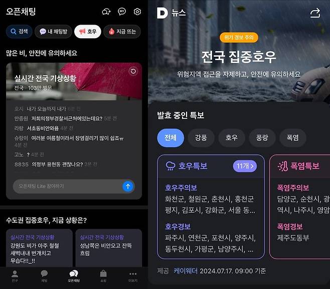 [서울=뉴시스] 카카오가 포털 다음, 카카오톡 오픈채팅, 카카오맵 등 주요 서비스에 홍수·침수·도로통제 등 위험 상황 관련 실시간 정보를 제공하고 있다고 17일 밝혔다. (사진 왼쪽부터) 카카오톡 오픈채팅 내 '호우' 탭, 포털 다음 기상상황 특별 페이지 (사진=카카오톡, 다음 캡처) *재판매 및 DB 금지
