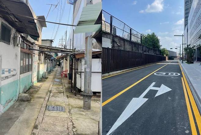 대전 동구 삼성동 대전역 쪽방촌(왼쪽)과 철거후 도로로 재탄생한 모습. 대전동구