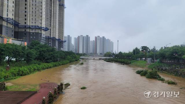 18일 오후 평택시 통복천이 범람해 천변 산책로와 자전거도로가 물에 잠겼다. 안노연기자
