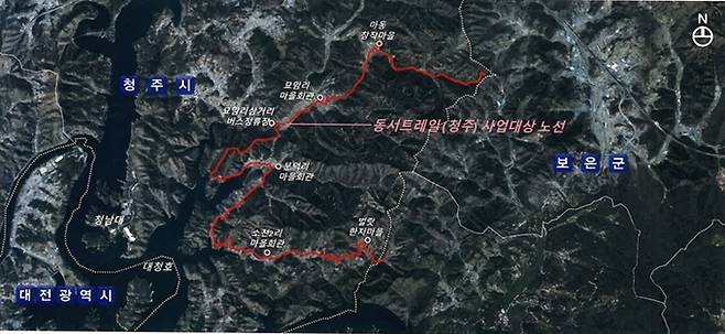 한국판 산티아고 순례길 불리는 동서트레일 충북 청주 구간 위치도. 청주시 제공