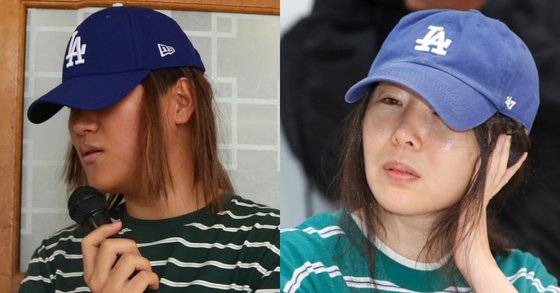 민희진 대표를 따라한 의정부고 학생(왼쪽)과 민 대표의 4월 25일 기자회견 모습. 사진 의정부고 자치회 인스타그램, 뉴스1