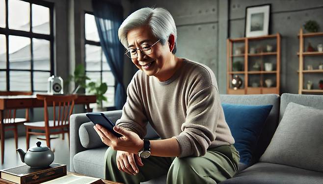 시니어 세대인 한 소비자가 스마트폰을 통해 모바일 앱을 사용하고 있는 모습을 인공지능(AI) 솔루션이 구현한 이미지. 와이즈앱·리테일·굿즈 조사 결과 올해 상반기 기준 60세 이상 시니어 세대에서 앱 사용자 수가 가장 많이 증가한 앱은 쿠팡이었다.    챗GPT-4o(포오)