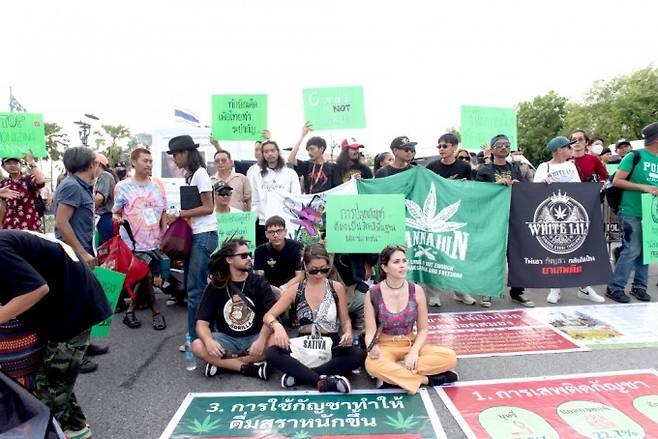 스레타 타비신 태국 총리는 2024년 말까지 오락용 마리화나를 다시 마약류로 지정하겠다고 밝혔다.사진은 지난 6월 9일 오락용 마리화나를 다시 불법으로 지정하는 것에 대해 반대하는 시민들의 시위 모습이다.