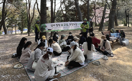 논산시가 운영 중인 숲 태교 교실이 임산부 및 산후 우울증 고위험 산모에게 큰 호응을 얻고 있다. 사진은 힐링숲교실, 도담도담나들이 진행 장면. 논산시 제공