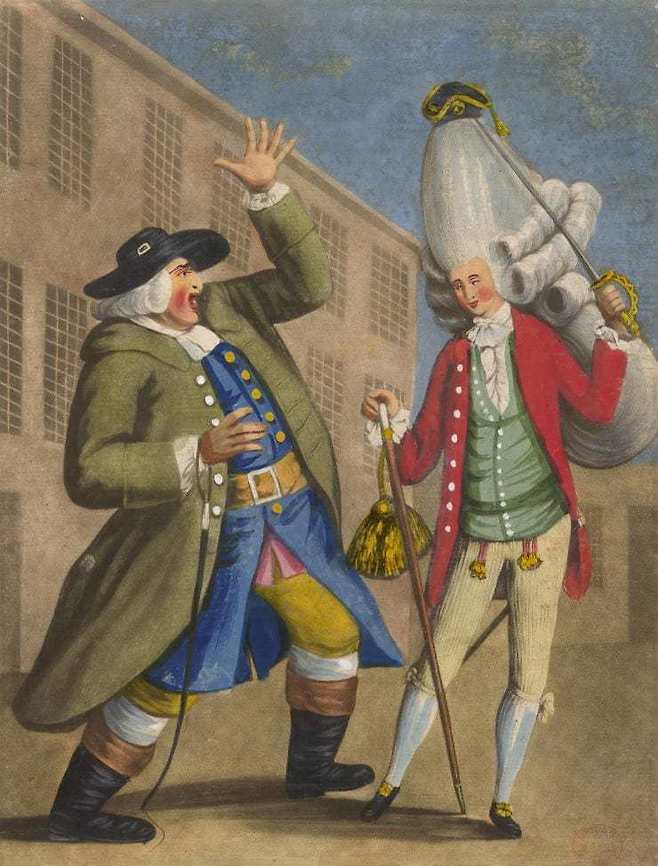 18세기 영국 남성의 과한 머리 장식을 풍자한 그림. 이 시기 영국에선 벼락출세한 사람, 벼락부자들이 나타나기 시작했고 옷차림이나 문화적 소양을 통해 지위를 과시하려는 과장과 허세가 만연했다. 사진 출처 위키미디어