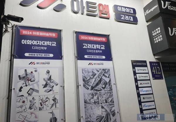 이대, 고대 준비반을 전문으로 내세운 한 학원 앞에 재현작이 걸려있다. 사진=김세린 기자