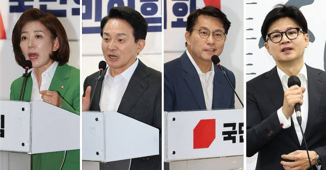 지난 18일 여의도 당사에서 열린 국민의힘 서울시당 여성위원회 대회에서 지지를 호소하는 3명의 후보. 왼쪽부터 나경원·원희룡·윤상현 후보와 서울시의회 간담회에 참석한 한동훈 후보. 연합뉴스