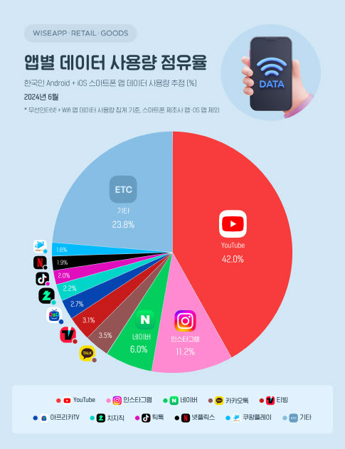 와이즈앱·리테일·굿즈가 23일 공개한 앱별 데이터 사용량 점유율(사진=와이즈앱)