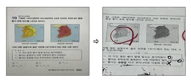 시중에서 판매하는 교재에 나온 문제(오른쪽)가 그대로 ㄱ여고 지구과학1 기말고사 시험지(왼쪽)에 출제됐다. 제보자 제공
