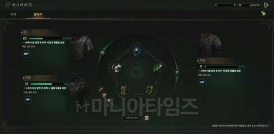 '로드나인' 인게임 화면. 성장의 요소는 매우 다양한 편이다. 위 화면은 캐릭터가 어떤 무기나 방어구를 많이 사용하느냐에 따라 경험치를 얻고 레벨업으로 이어지는지를 보여준다. 초기 직업을 선택한 뒤 마음에 맞지 않아 나중에 후회하지 않아도 된다는 점은 확실한 장점이다.