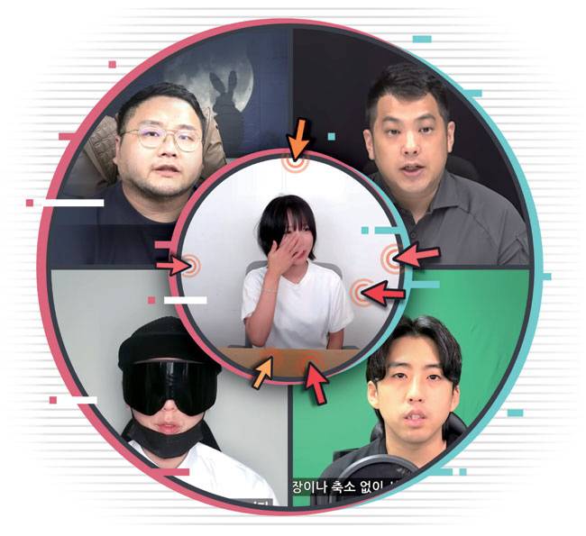 공갈·협박 피해를 호소한 1000만 유튜버 쯔양(가운데 사진)과 사이버 레커라 불리는 구제역(왼쪽 위 사진부터 시계방향으로), 카라큘라, 전국진, 뻑가. 그래픽 = 전승훈 기자