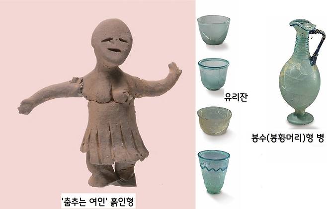 남분에서는 웃옷을 벗은채 춤을 추는 여인 흙인형이 이채롭다. 또 서역에서 수입된 것이 분명한 로만그라스와 금실을 손잡이에 둘둘 감은 봉황머리 형태의 병(봉수형 병)도 출토됐다.|국립경주문화유산연구소 제공