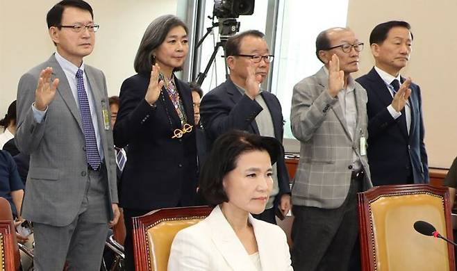 Ryu Hee-rim, chairman of Korea Communications Standards Commission, and Kim Jae-chul, former president of MBC, are making witness testimonies at the confirmation hearing for Lee Jin-sook, a nominee for Korea Communications Commission chairperson, on July 24. Reporter Park Min-gyu