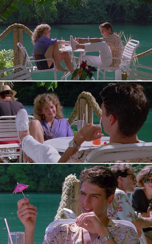 칵테일에서 애글릿에 대화를 나누고 있는 젊은 시절의 톰 크루즈와 엘리자베스 슈. 마지막 톰 크루즈 얼굴 사진은 불필요하지만 굳이 넣었다. 잘생긴 얼굴은 늘 새롭고 짜릿하기 때문이다. [사진 출처=터치스톤 픽처스·브에나 비스타 픽처스]