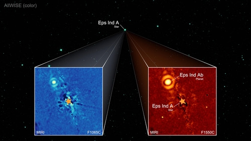 제임스웹 우주망원경(JWST)에 포착된 슈퍼목성 '엡실론 인디 Ab'  제임스웹 우주망원경(JWST) 중적외선 관측장치(MIRI)에 포착된 슈퍼목성 '엡실론 인디 Ab' 모습. 왼쪽은 중적외선 파장 10.65㎛, 오른쪽은 15.55㎛에서 얻은 이미지 버전. 별 기호 위치가 중심별인 엡실론 인디 A. [T. Müller(MPIA/HdA), E. Matthews(MPIA) 제공. 재판매 및 DB 금지]