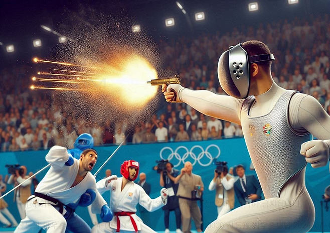 “파리올림픽에서 경기복장을 입은 권투, 레슬링, 태권도, 유도, 펜싱 선수가 강인한 눈빛을 쏘고 있다”라고 입력했다. 이건 혼돈의 카오스다.