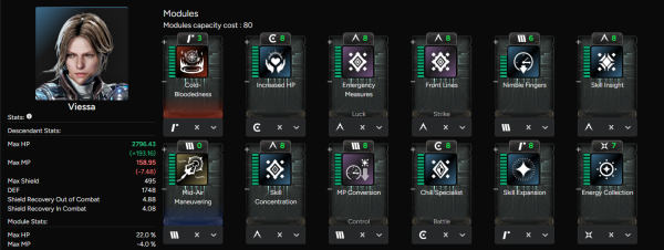- 비에사 냉혈 빌드 모듈 세팅 예시[출처:&nbsp;TFD NeonGrid]