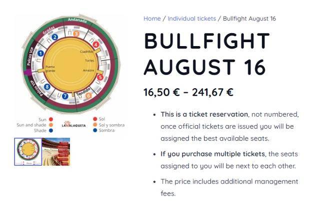 스페인 말라가에서 지난달 열린 투우 공연의 티켓이 온라인에서 판매되고 있다. 티켓 가격은 약 2만5,000~36만 원까지 다양하다. 말라게타투우장 홈페이지 캡처