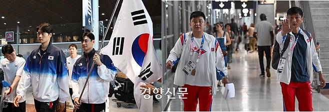 <남북 올림픽 대표팀 파리 입성> 2024 파리 올림픽에 참가하는 구본길 한국 펜싱 남자 사브르 대표(오른쪽)를 비롯한 선수단 본진이 20일 오후(현지시간) 프랑스 파리 샤를 드골 공항으로 입국하고 있다.(왼쪽 사진) 21일 오전(현지시간) 베이징발 에어프랑스편으로 파리에 입성한 북한 선수단의 한 관계자가 이동 중 한국 취재진을 향해 취재 거부 의사를 밝히고 있다. 파리|올림픽사진공동취재단