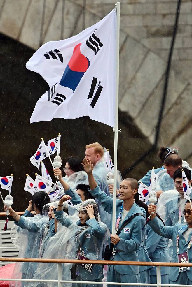 개회식 참석하는 대한민국 대표팀 선수들 

    (파리=연합뉴스) 황광모 기자 = 대한민국 올림픽 선수단의 기수 우상혁(오른쪽)과 김서영이 26일(현지시간) 프랑스 파리 센강 일대에서 열린 2024 파리올림픽 개회식에 참석하기 위해 배를 타고 이동하고 있다. 2024.7.27