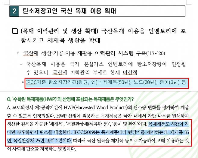 산림청은 여러 보고서를 통해 "IPCC 기준 탄소 저장 기간이 제재목의 경우 50년, 보드 20년"이라 공식적으로 언급한다. 이를 바탕으로 산업계 뿐만 아니라 일부 언론들도 "목재제품도 시간이 지나면 탄소를 배출한다"며 해당 기준을 인용해왔다. (위)산림청 2030산림탄소경영전략 캡처·(아래)한국농촌경제연구원 보고서 캡처