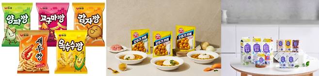 (왼쪽부터) 농심 스낵류, 오뚜기 카레, 매일유업 소화가잘되는우유