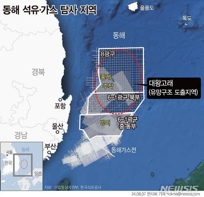 [서울=뉴시스] 한국석유공사에 따르면 동해에는 '주작', '홍게', '방어' 등 3개의 탐사 시추공이 있다. 7일 비토르 아브레우 미국 액트지오(Act-Geo) 고문은 이 중 홍게 시추공에서 석유·가스 매장에 대한 가망성을 발견했다고 설명했다. (그래픽=안지혜 기자)  hokma@newsis.com