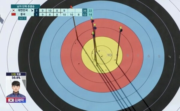 손에 앉았음에도 활을 쏴 10점을 기록하는 김제덕. ⓒMBC