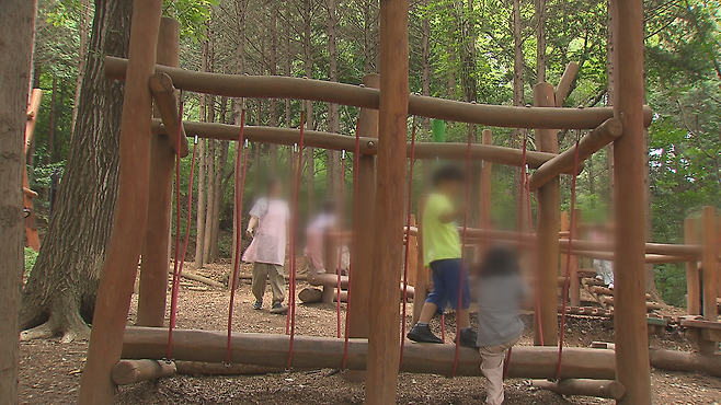 유아 숲에서 놀고 있는 어린이들